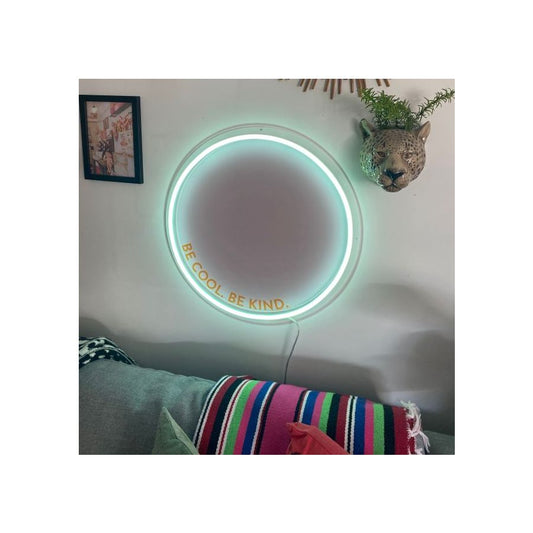 A round neon sign with a vibrant color